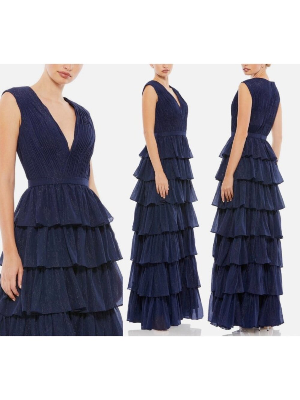 Mac Duggal V-Neck Tiered Blue Sparkly Ruffled Layered Gown Dress Size 4